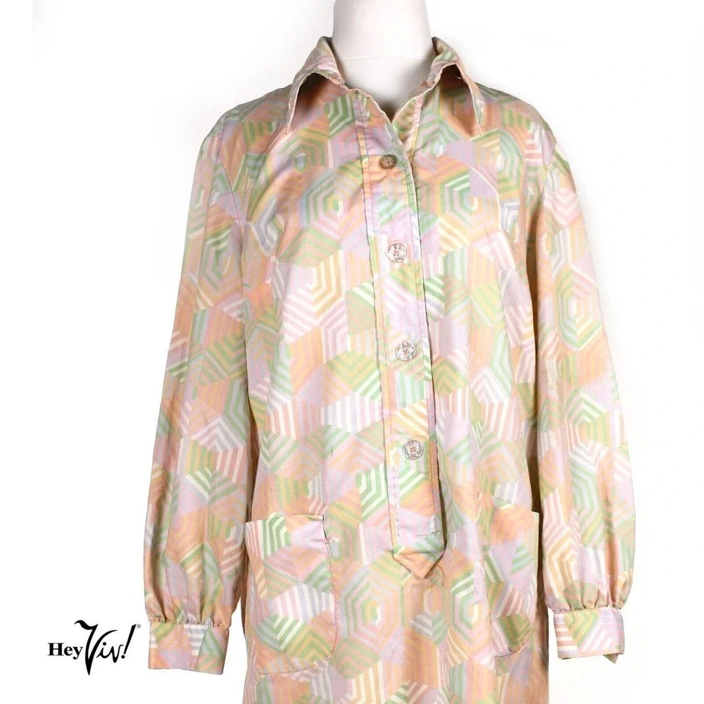 Vintage Shirtwaist Dress Pastel 70s Mod w Pockets Route One Tag Size L - Hey Viv - Picture 2 of 7